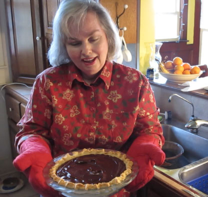 Trina with a freshly made Chocolate Pie - gluten free