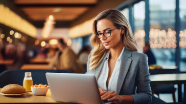 Woman in a restaurant with laptop