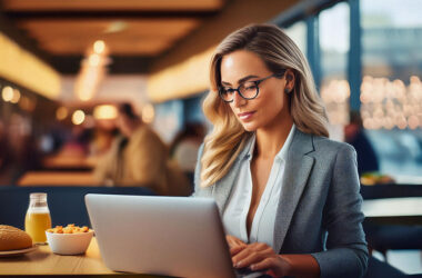 Woman in a restaurant with laptop