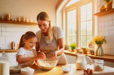 A mother and daughter learning to mix gluten-free flour.