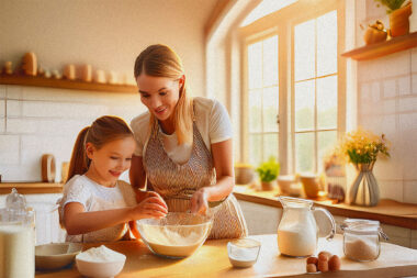 A mother and daughter learning to mix gluten-free flour.