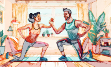 Artists representation of a happy couple exercising together.