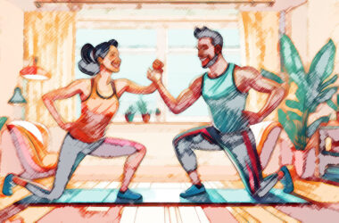 Artists representation of a happy couple exercising together.