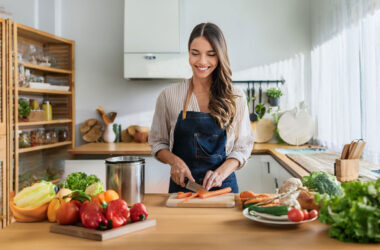 Woman chopping carrots preparing a salad meal.